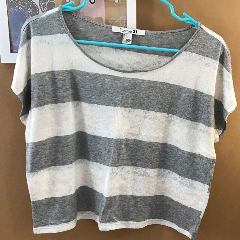 Grey and white lace striped t-shirt